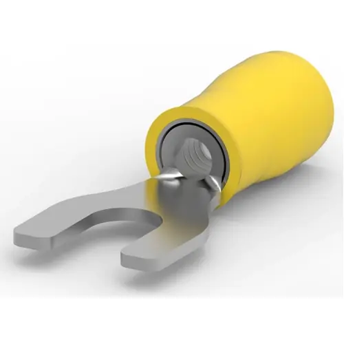 Kostenloser Rückversand Isolierter Gabelkabelschuh, 2,62-6,64 mm², AWG 12 bis 10, 6.4 mm, M6, gelb, 130625