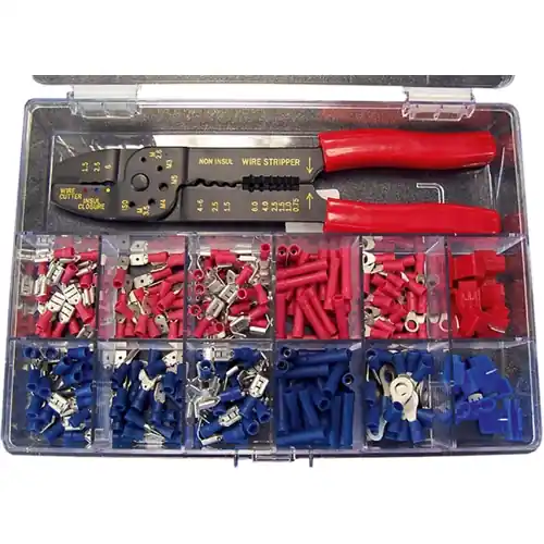 Kabelverbinder-Sortiment, Stoßverbinder/Ringkabelschuhe/Flachsteckhülsen/Flachstecker/Kabelabzweigklemmen mit 1x Presszange, 261-teilig, 4181261D10 Abverkauf