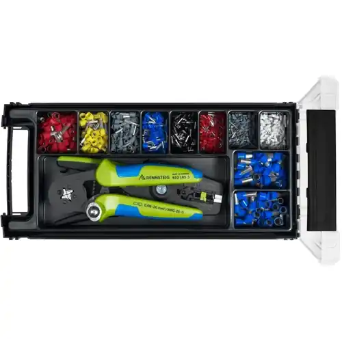 Markenprodukt Aderendhülsensortiment, isoliert, mit 1x Crimpzange und 1x Abisolierzange, 350-teilig, 610 921