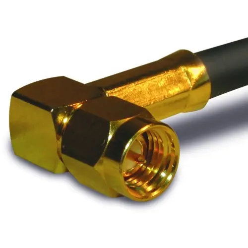 Markenprodukt SMA Stecker 50 Ω, RG-58, RG-141, LMR-195, Belden 7806A, Belden 9311, Lötanschluss, abgewinkelt, 132122