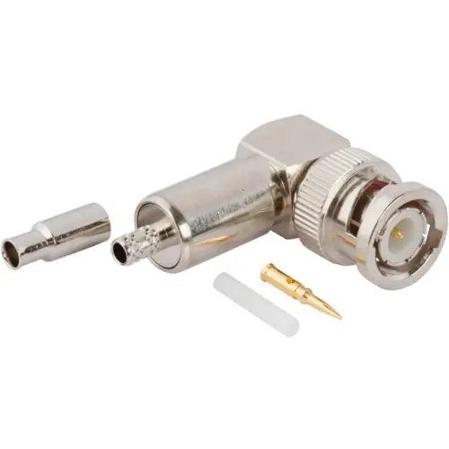 BNC Stecker 50 Ω, RG-174, RG-188, RG-316, LMR-100A, Belden 7805A, RG-174LL, Crimpanschluss, abgewinkelt, 031-5991-RFX Geprüft