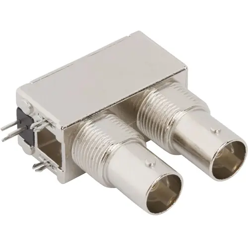 Abverkauf BNC Doppelbuchse 75 Ω, Lötanschluss, abgewinkelt, 031-70507