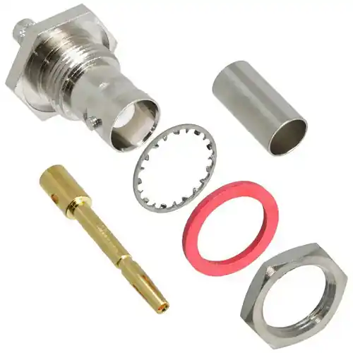 Neu Im Sortiment BNC Einbaubuchse 50 Ω, LMR-200, Belden 7807A, Crimpanschluss, gerade, 112600